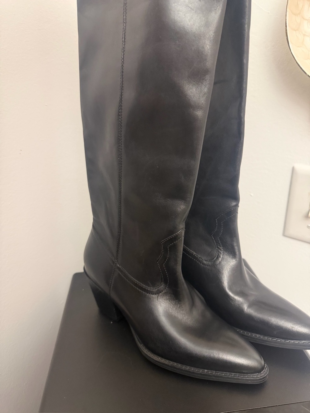 MANGO Classic Black Leather Over-the-Knee Heeled Boots